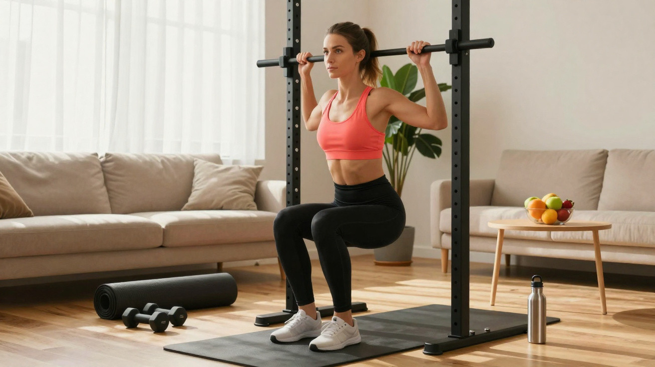 Frau macht Kniebeugen mit Langhantel im Wohnzimmer, umgeben von Fitnessmatte, Hanteln und Sofas.
