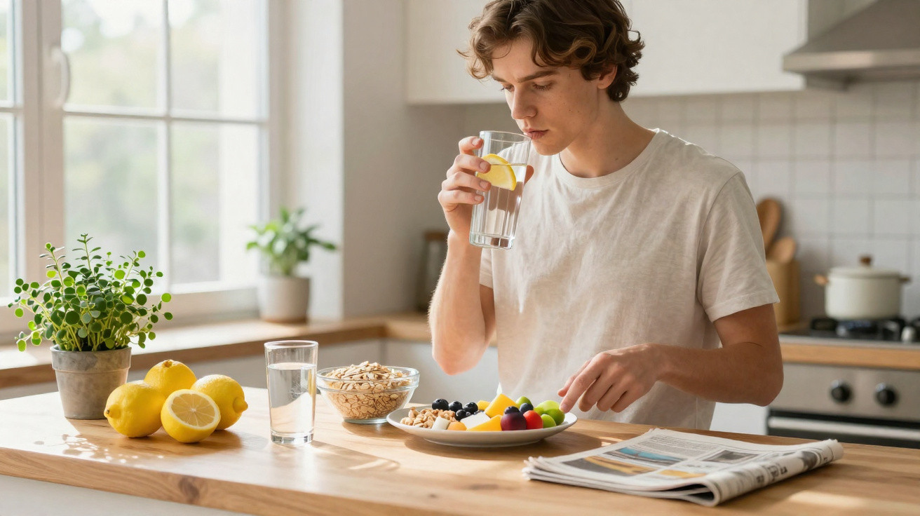 Junger Mann trinkt Wasser mit Zitrone und isst Obst am Küchentresen mit Müsli und Zeitung.
