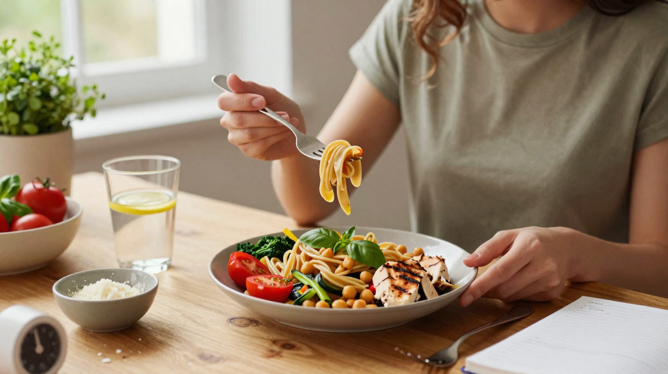 Frau isst bunte gesunde Mahlzeit mit Pasta, Kichererbsen, Tomaten und gegrilltem Hähnchen am Esstisch.