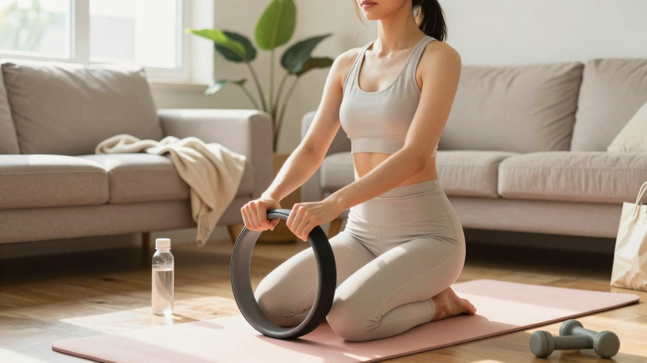 Frau in Sportkleidung kniet auf Yogamatte und hält Fitnessring im Wohnzimmer mit Sofa und Hanteln.