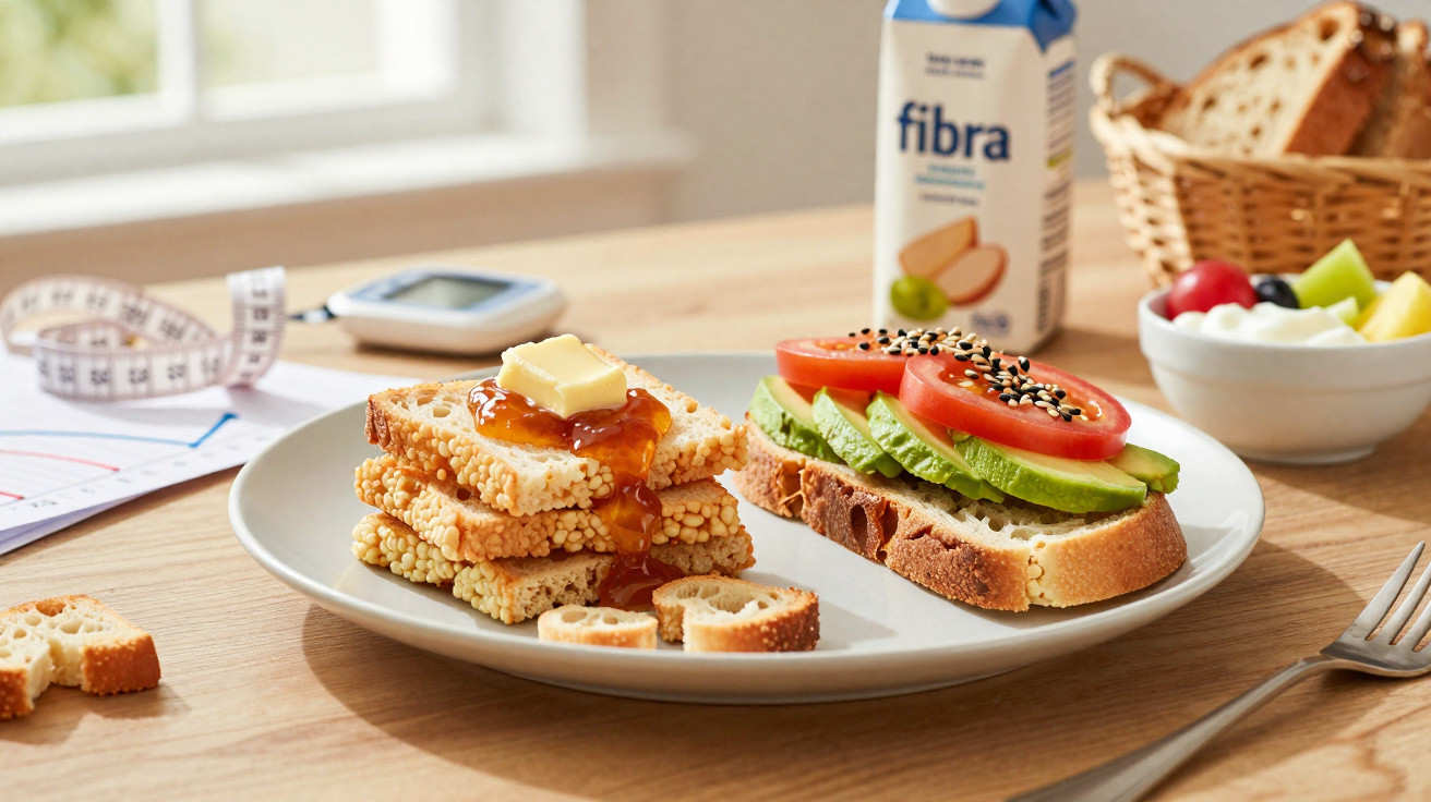 Teller mit knusprigem Müsli mit Butter und Marmelade sowie Vollkornbrot mit Avocado, Tomate und Sesam.