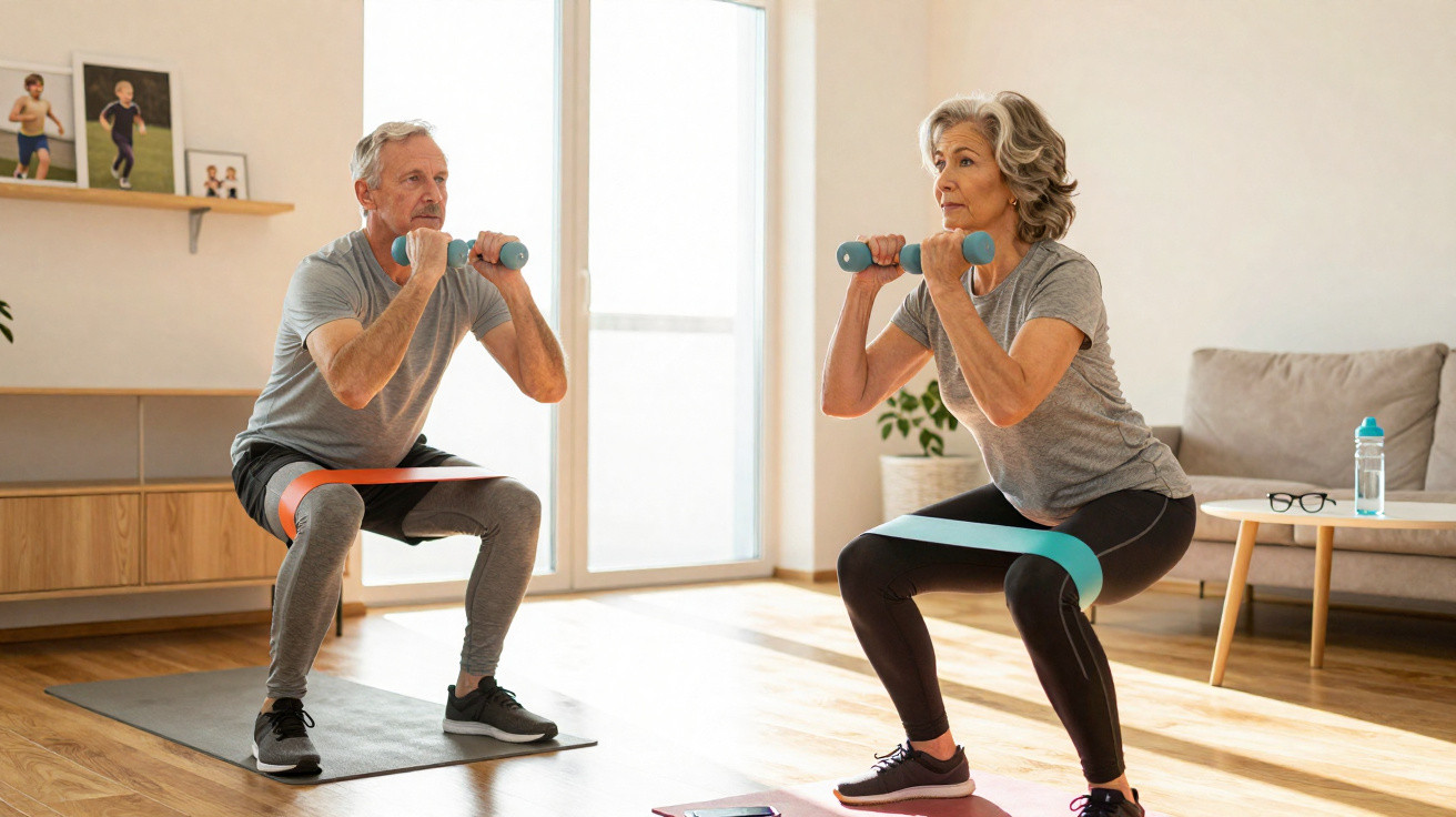 Älteres Paar macht Kniebeugen mit Hanteln und Widerstandsbändern im hellen Wohnzimmer auf Yogamatten.