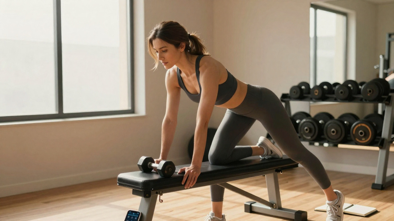 Frau im Fitnessstudio trainiert mit Kurzhantel auf Trainingsbank vor Fenster und Hanteln im Hintergrund.