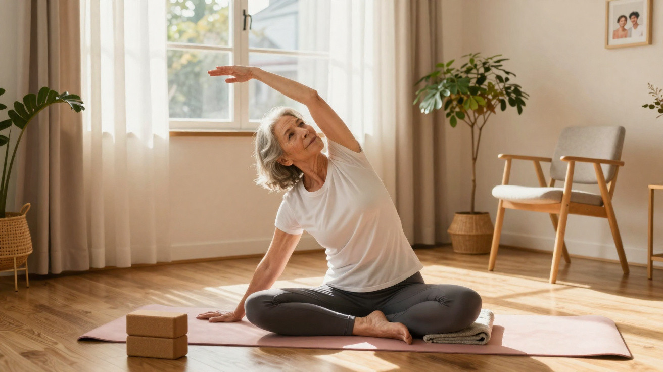 Ältere Frau in Sportkleidung macht Dehnübungen auf Yogamatte in hellem, gemütlichem Wohnzimmer.