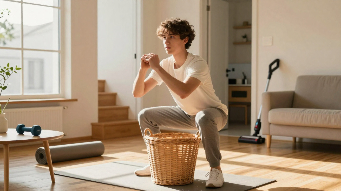 Junger Mann macht Kniebeugen mit einem Korb im hellen Wohnzimmer auf Yogamatte.