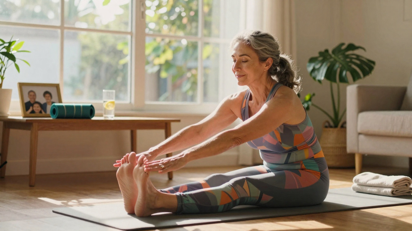 Ältere Frau in bunter Yoga Kleidung macht sitzende Vorwärtsbeuge auf Matte im hellen Wohnzimmer.