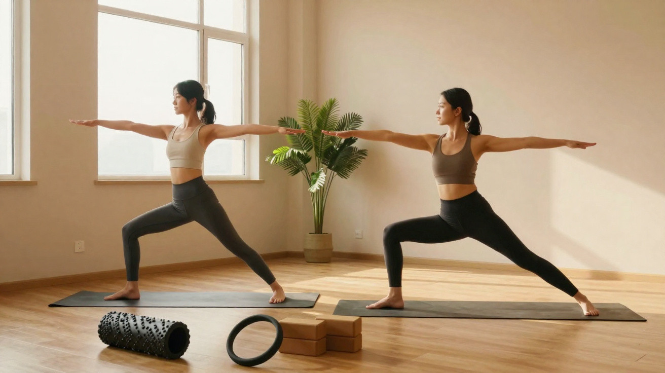 Zwei Frauen machen Yoga in einem hellen Raum, beide in der Krieger II Pose auf Yoga-Matten mit Zubehör.
