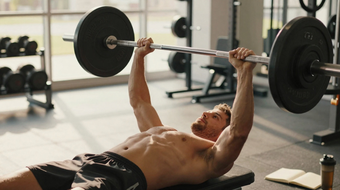 Muskulöser Mann trainiert Bankdrücken mit Langhantel in modernem Fitnessstudio bei Tageslicht.