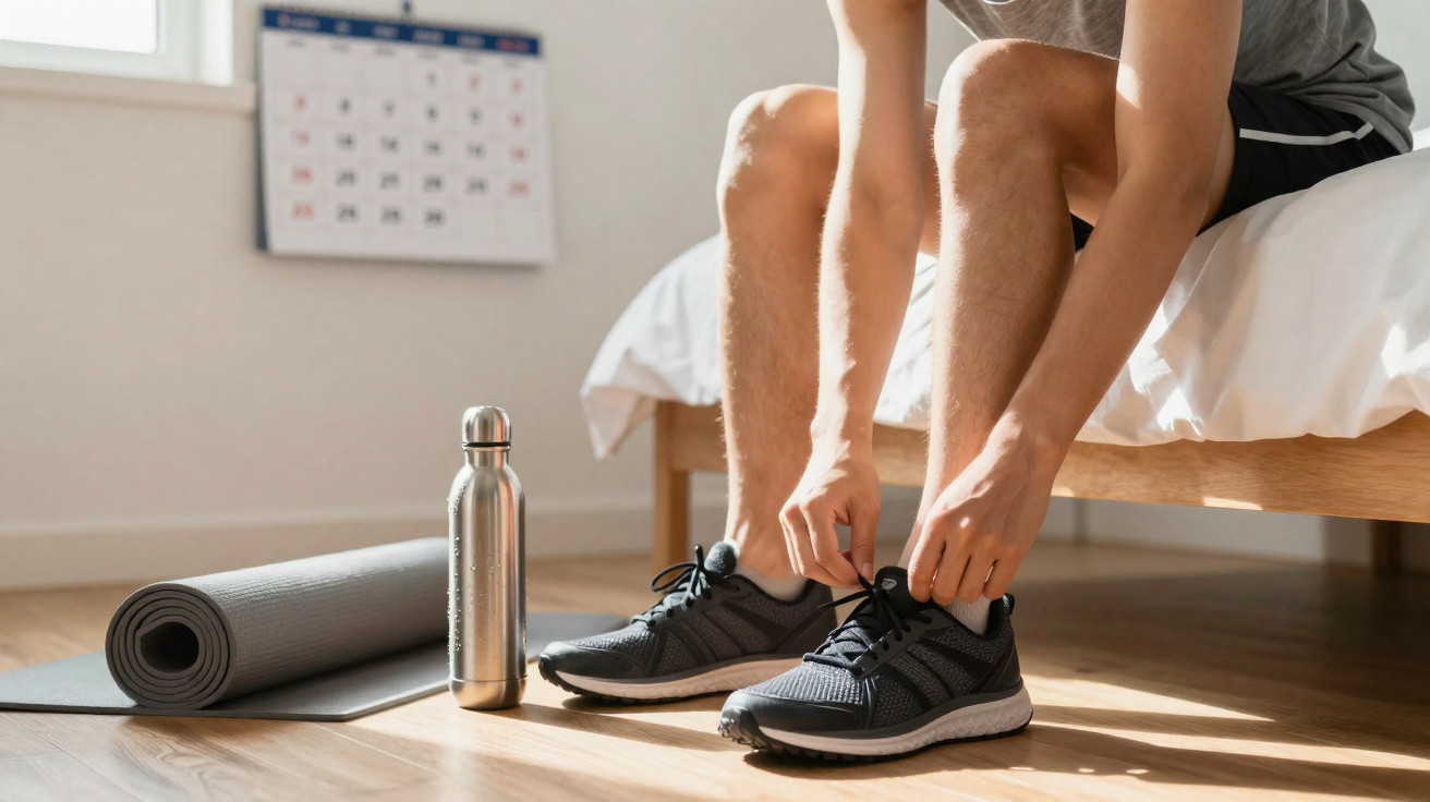 Person sitzt auf dem Bett und schnürt Sportschuhe, neben Yogamatte und Trinkflasche auf dem Boden.