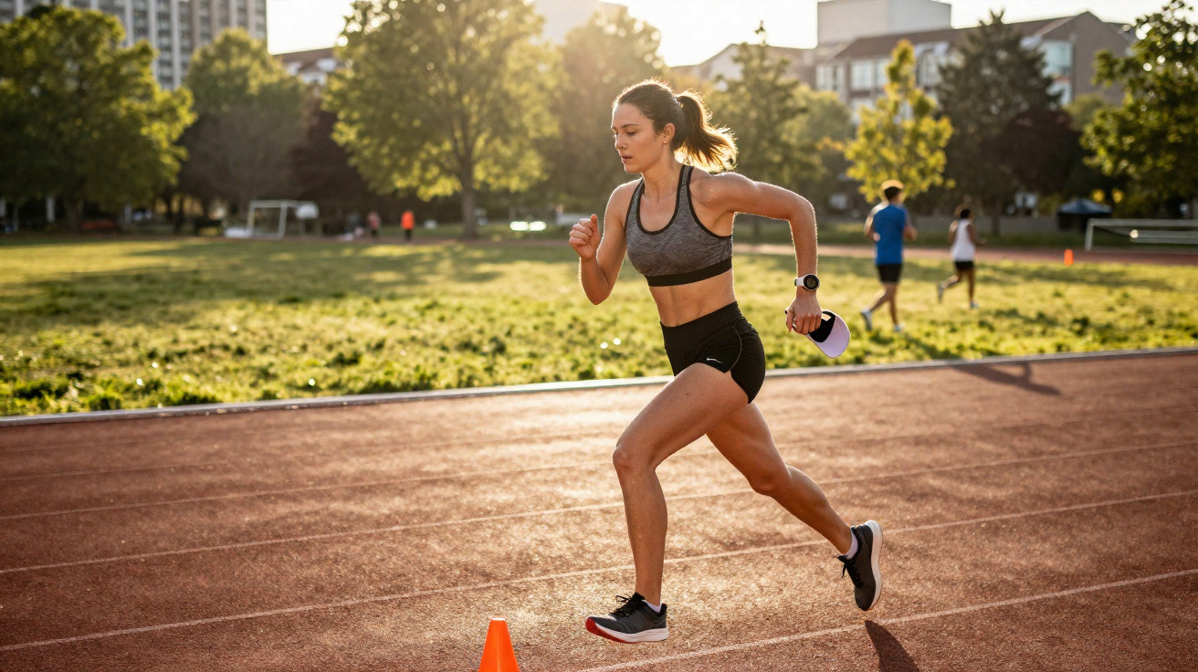 Junge Frau in Sportkleidung läuft auf einer Laufbahn im Freien bei sonnigem Wetter.