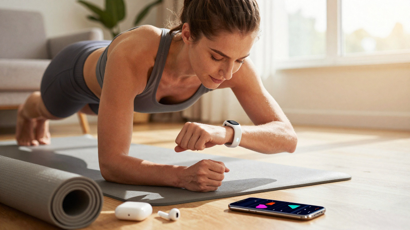 Frau macht Plank-Übung auf Matte im Wohnzimmer und schaut auf Fitnessuhr und Smartphone.
