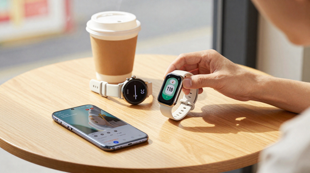Person hält Fitness-Tracker, daneben Smartwatch, Smartphone und Coffee-to-go-Becher auf rundem Holztisch.