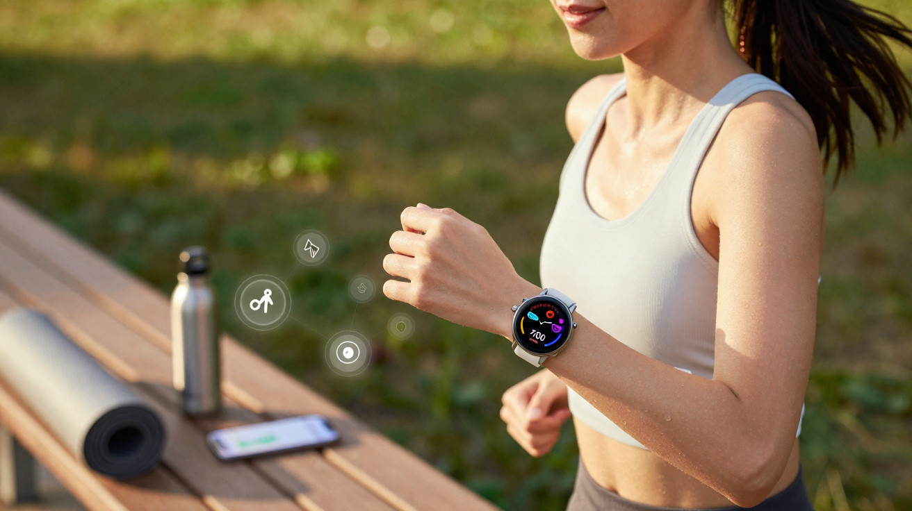 Frau trägt Sportuhr beim Joggen im Freien, Yoga-Matte, Wasserflasche und Smartphone liegen auf Holztisch.