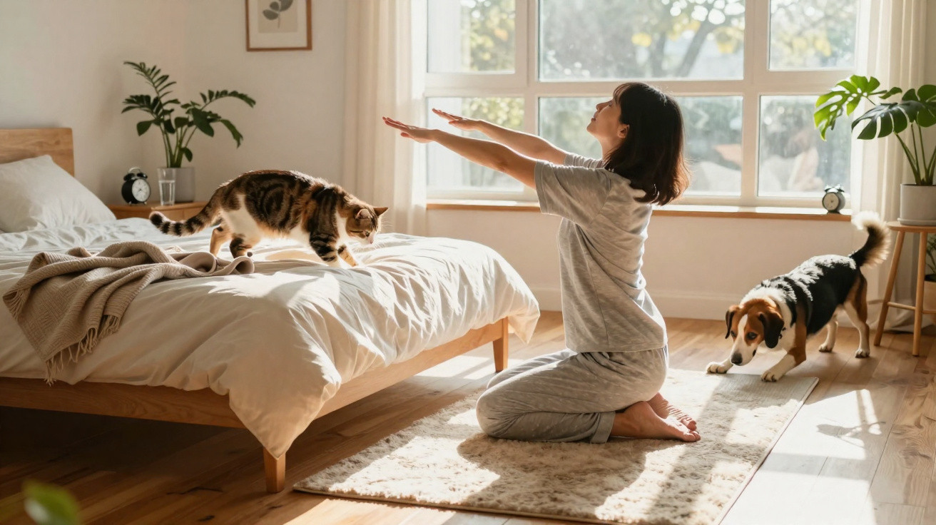 Frau macht Yoga im Schlafzimmer, Katze auf dem Bett, Hund auf dem Teppich, Sonnenlicht durch Fenster.