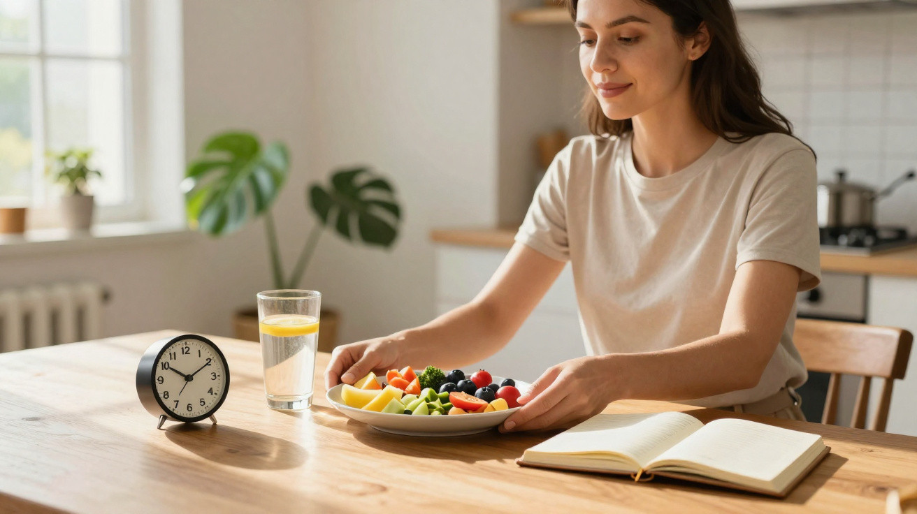 Frau sitzt am Tisch mit Teller Obst, Wasser und offenem Buch, Wecker zeigt 10 Uhr.