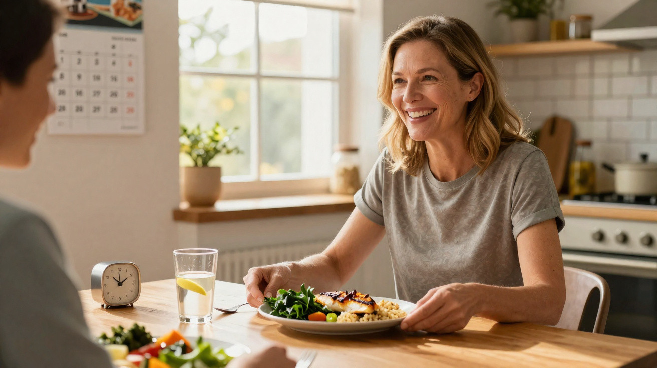 Zwei Frauen sitzen an einem Tisch in der Küche und essen gemeinsam eine gesunde Mahlzeit.