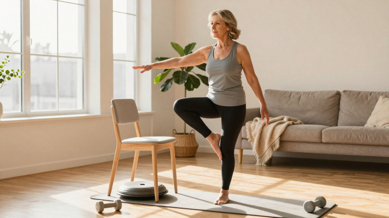 Ältere Frau macht Yoga-Übung auf Matte neben Stuhl in hellem Wohnzimmer mit Hanteln und Pflanzen.