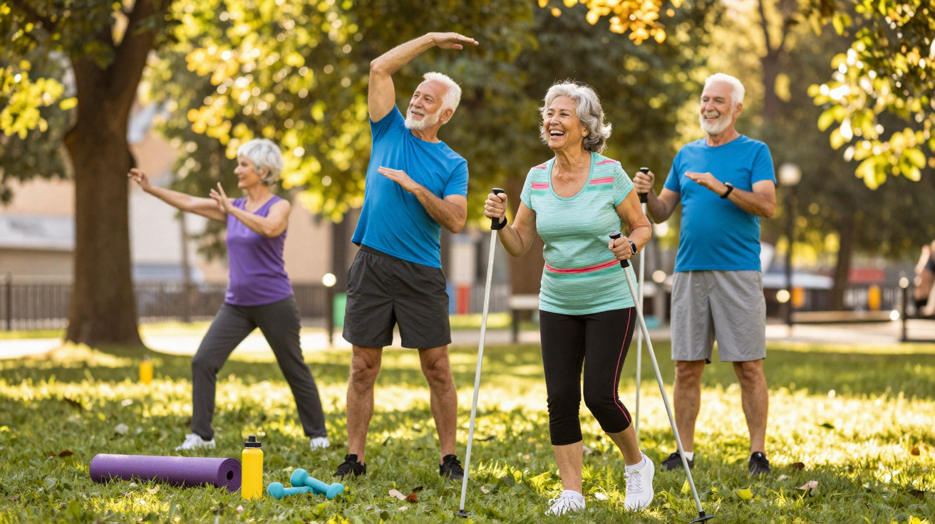 Senioren machen gemeinsam Fitnessübungen und Nordic Walking im Park bei Sonnenschein.