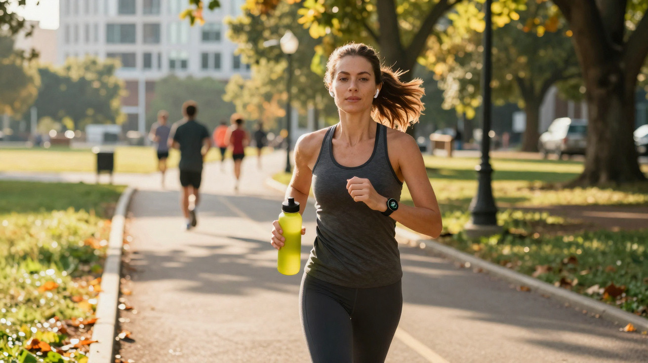 Frau joggt im Park bei Sonnenlicht, trägt Sportkleidung und hält eine gelbe Wasserflasche in der Hand.