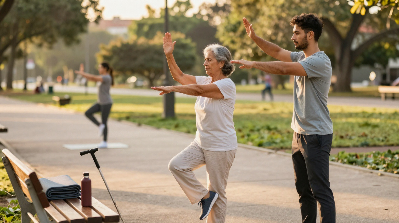 Ältere Frau und junger Mann üben Tai Chi in einem sonnigen Park, Entspannung und Bewegung im Freien.