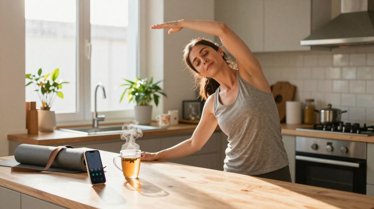 Frau macht Dehnübungen in der Küche neben dampfendem Tee, Smartphone und Yogamatte auf Holztisch.