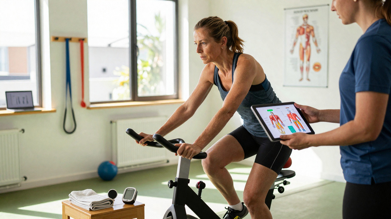Frau trainiert auf Heimtrainer, Betreuerin zeigt Muskelanalyse auf Tablet in hellem Trainingsraum.