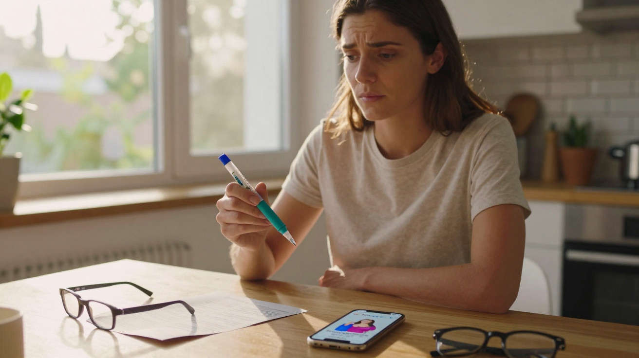 Frau sitzt am Tisch, hält Stift und sieht besorgt auf Smartphone mit Gesundheits-App.
