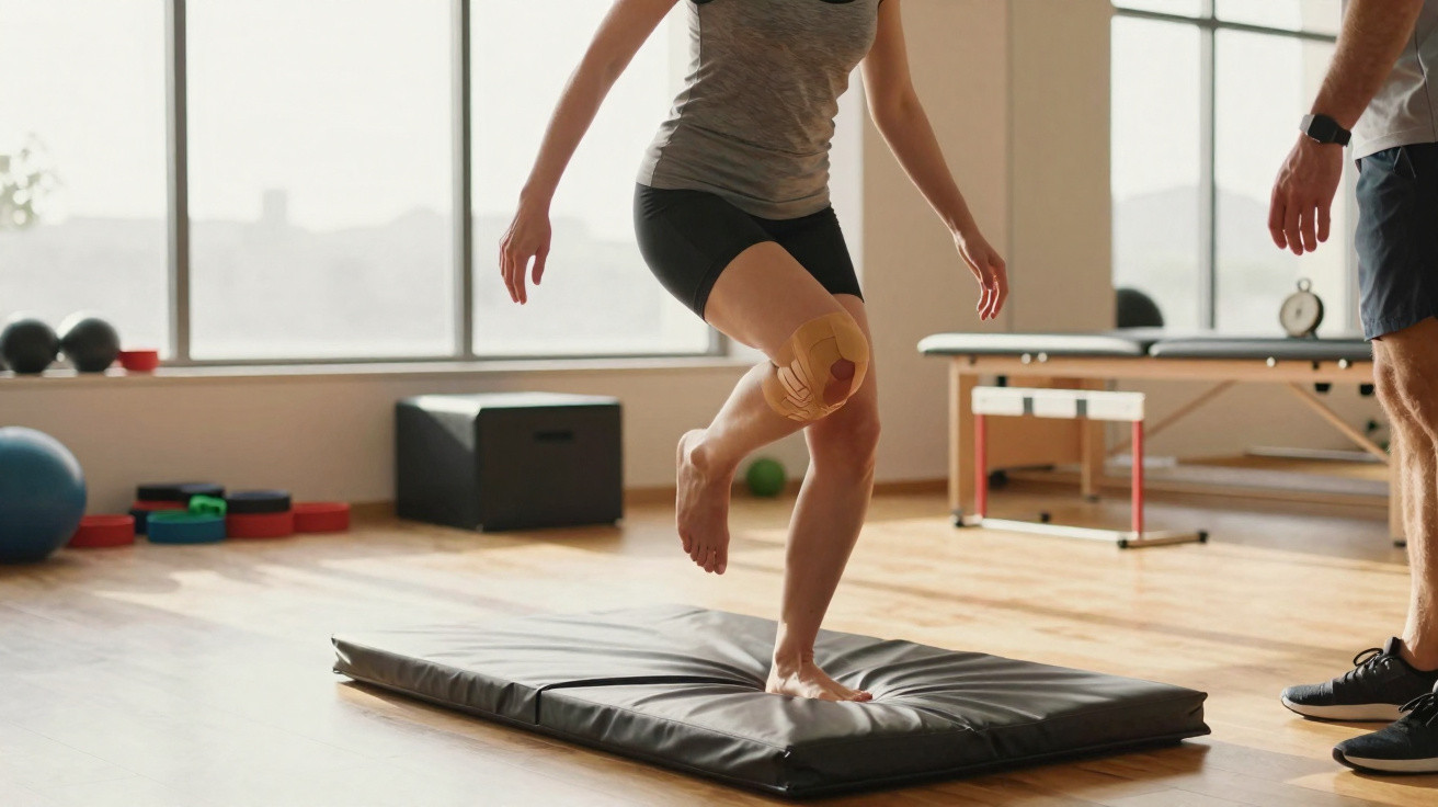 Frau mit Kinesiologie-Tape am Knie trainiert auf Matte im Fitnessstudio mit Trainer.