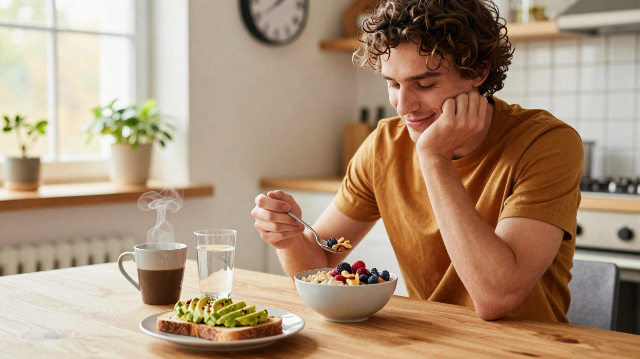 Junger Mann isst Müsli mit Beeren an Küchentisch, neben dampfendem Kaffee und Avocadobrot.