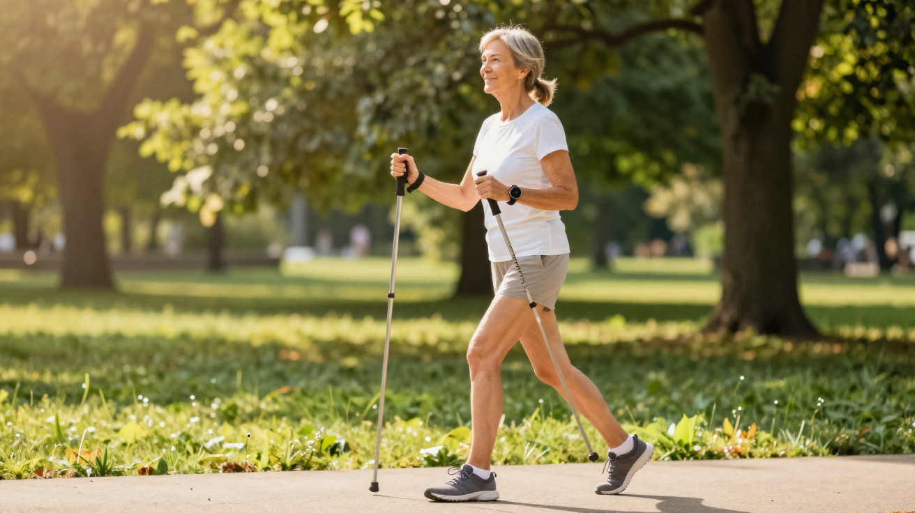 Ältere Frau macht Nordic Walking mit Wanderstöcken in einem sonnigen Park mit grünen Bäumen.
