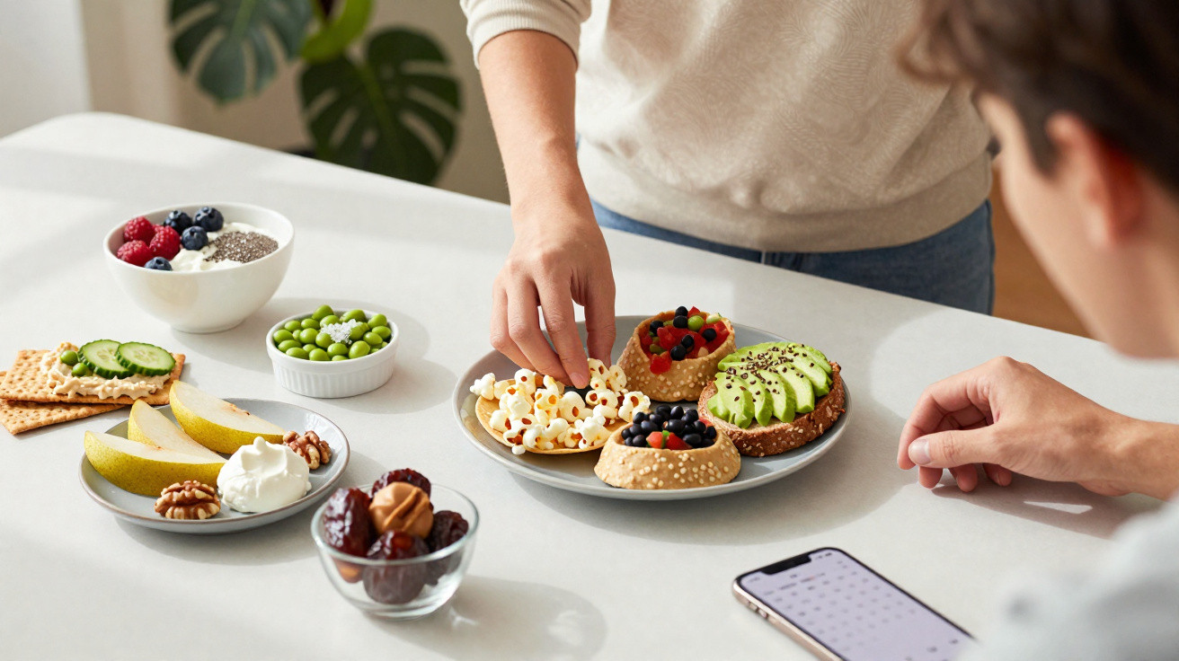 Person greift nach Popcorn auf einem Tisch mit gesunden Snacks und Smartphone.