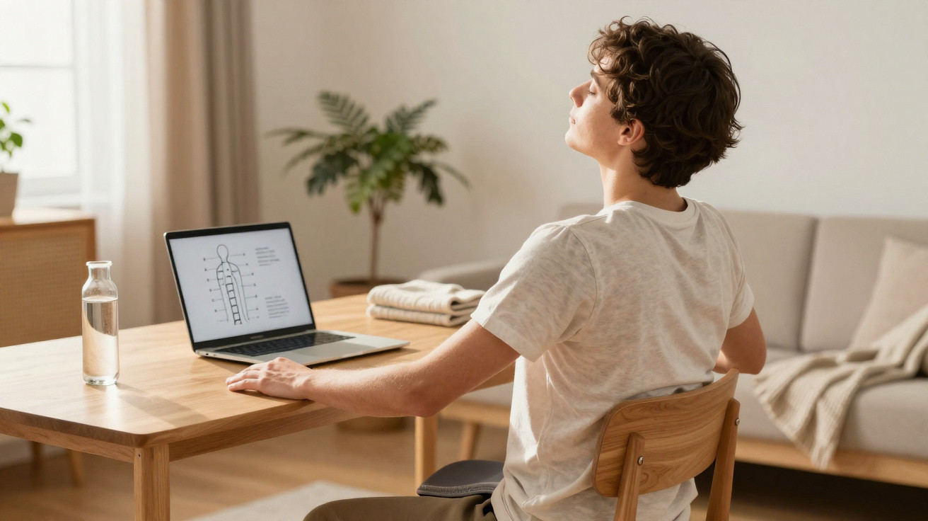 Junger Mann streckt sich am Schreibtisch vor Laptop mit Skelettdiagramm in einem Wohnzimmer.