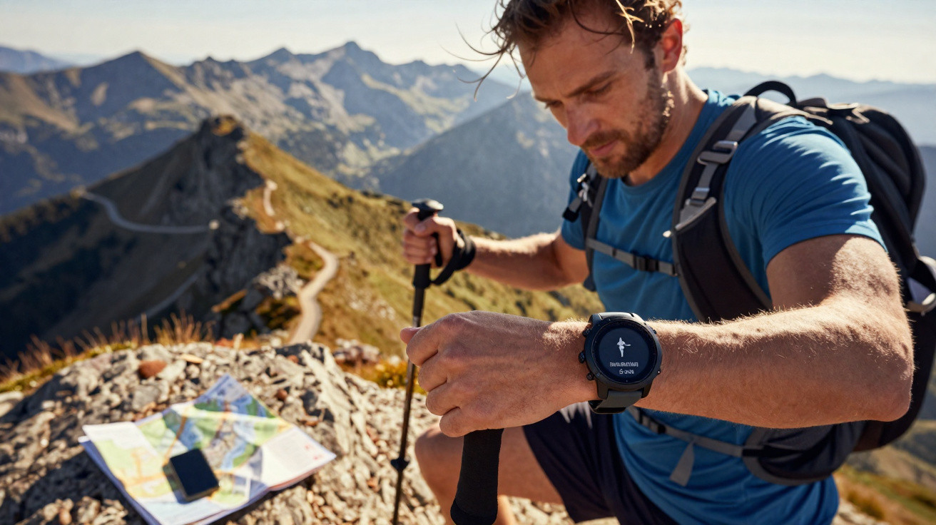 Wanderer mit Rucksack am Berggipfel prüft Smartwatch, neben ihm Karte und Smartphone auf felsigem Untergrund.
