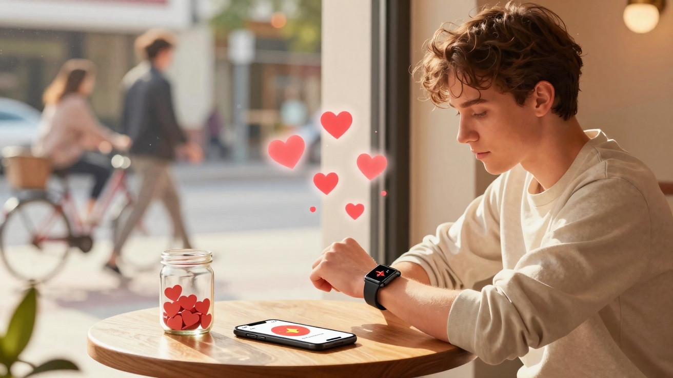 Junger Mann sitzt am Tisch, schaut auf Smartwatch, Herzsymbole schweben, Smartphone und Glas mit Herzen liegen auf dem Tisch.