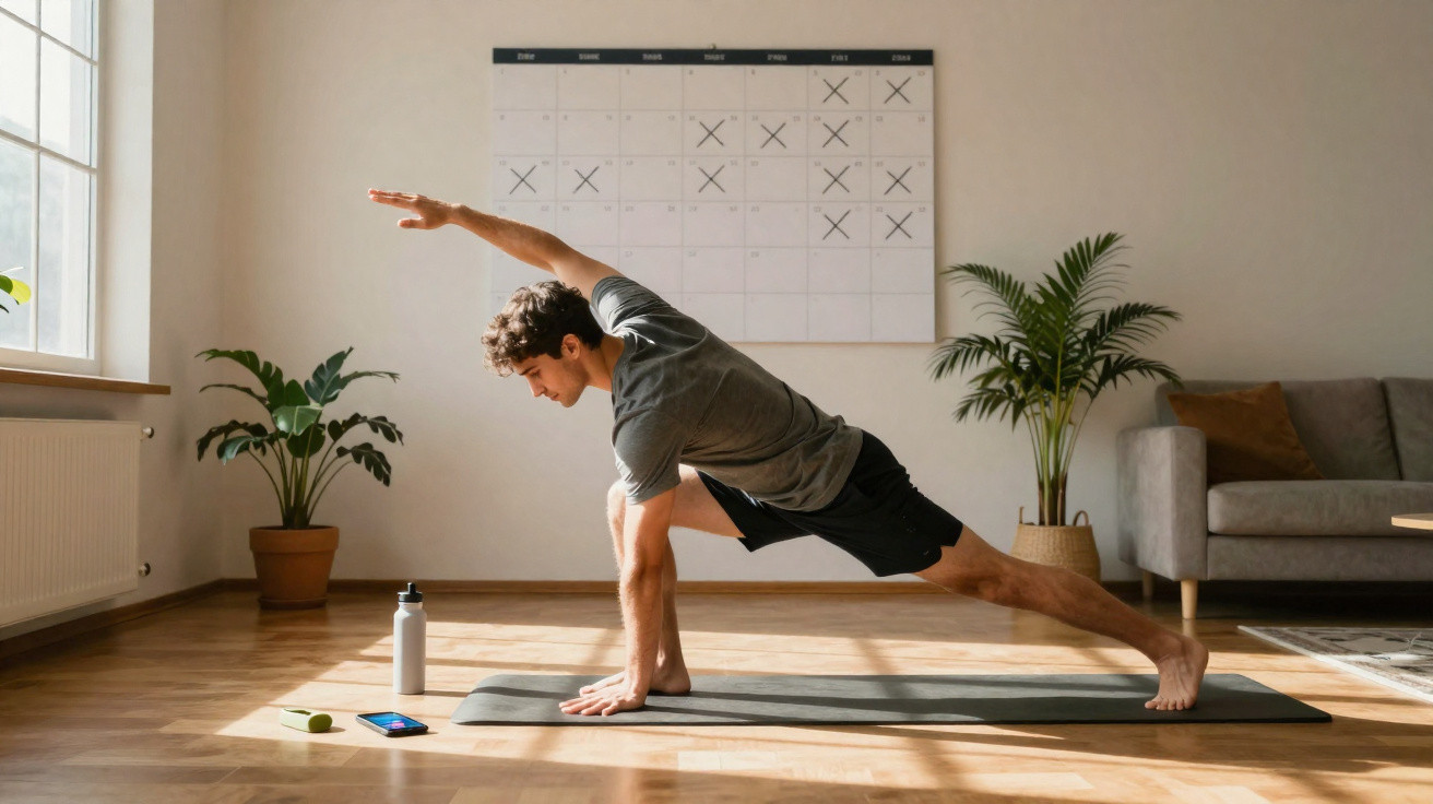 Mann macht Yoga-Dehnübung auf Matte im hellen Wohnzimmer mit Pflanzen und Wandkalender.
