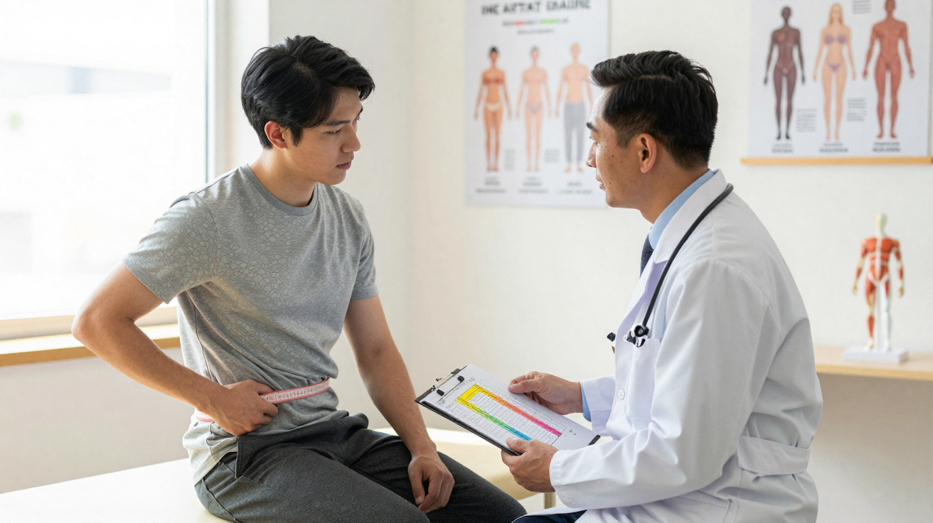 Arzt bespricht Ergebnisse mit Patient, der seinen Taillenumfang misst, in einer medizinischen Praxis.
