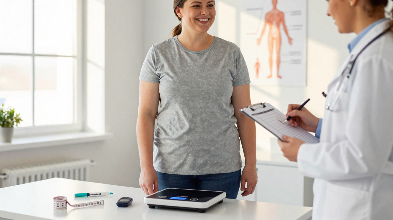 Ärztin notiert Daten, während Patientin lächelnd auf eine Waage steht im hellen Untersuchungsraum.