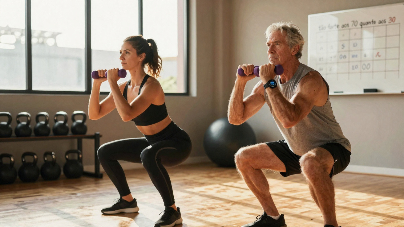 Älterer Mann und junge Frau machen Kniebeugen mit Hanteln in einem hellen Fitnessraum.