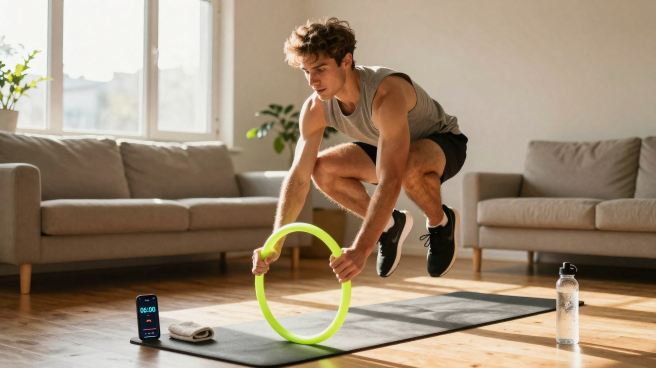 Mann springt mit einem Fitness-Ring auf einer Yogamatte im Wohnzimmer während des Trainings.