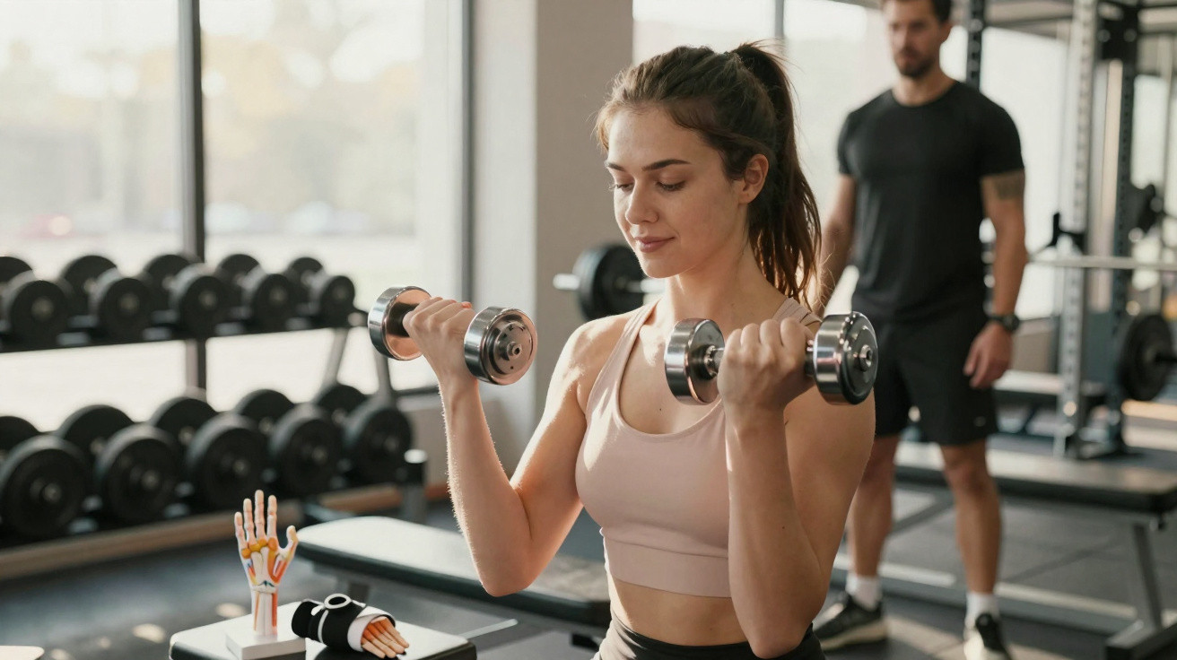 Frau im Fitnessstudio hebt Kurzhanteln, während Mann im Hintergrund trainiert.