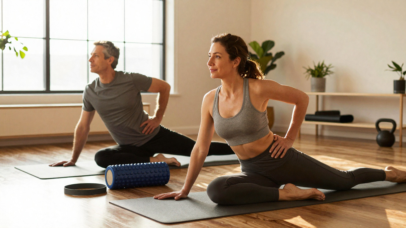 Mann und Frau machen Dehnübungen auf Yogamatten in hellem Zimmer mit Pflanzen und Trainingsgeräten.