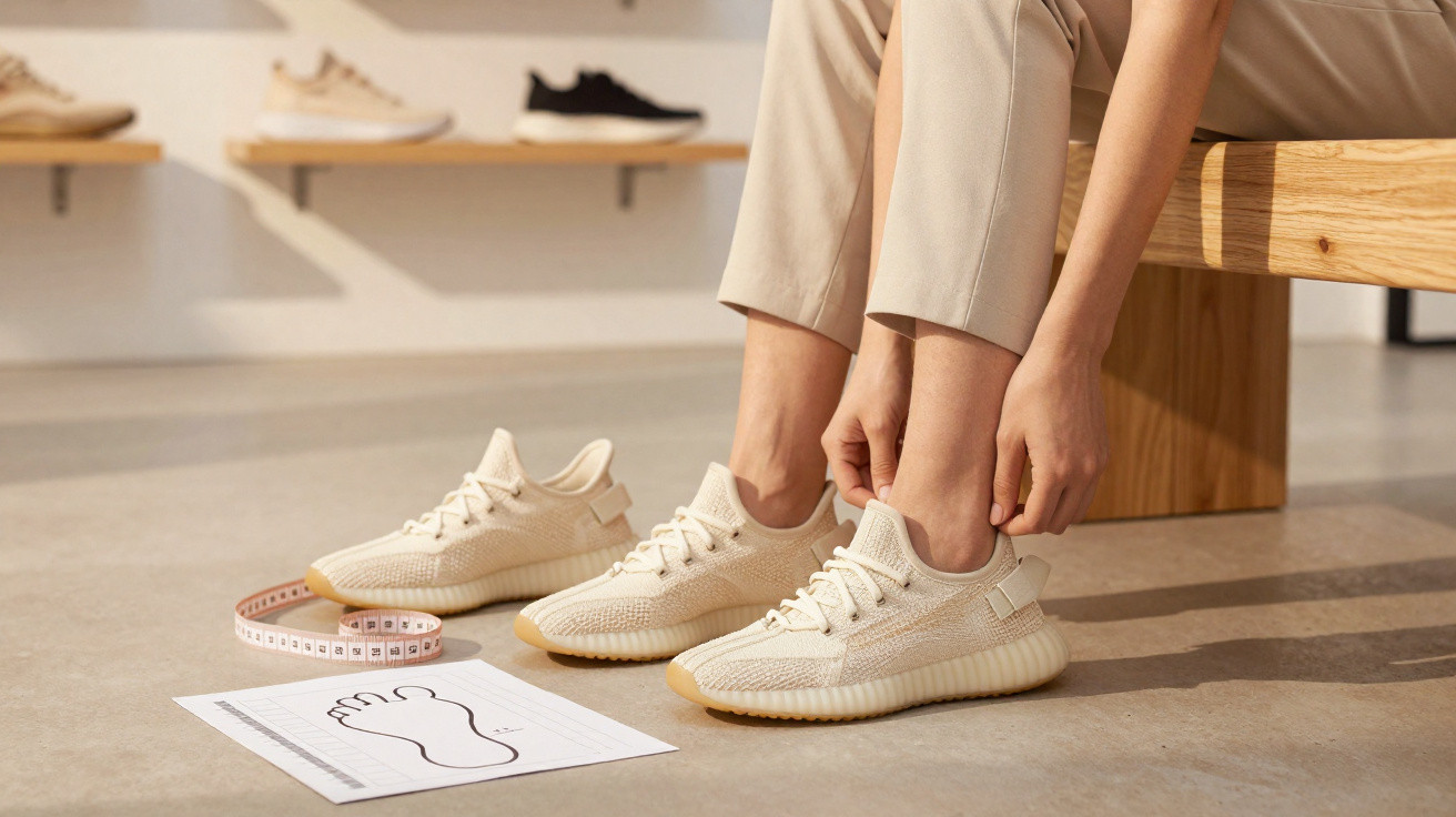 Person probiert helle Sneakers an, daneben Maßband und Fußumriss auf Boden in Schuhgeschäft.