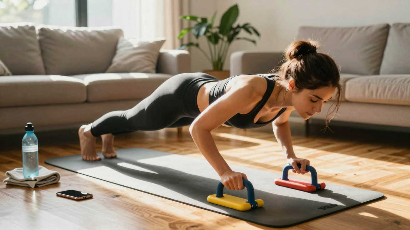 Frau macht Liegestütze mit Griffen auf Yogamatte im Wohnzimmer neben Wasserflasche und Handy.