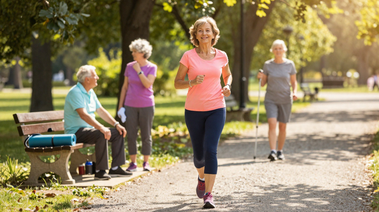 Ältere Frau joggt auf einem sonnigen Weg im Park, im Hintergrund sitzen und stehen weitere ältere Menschen.