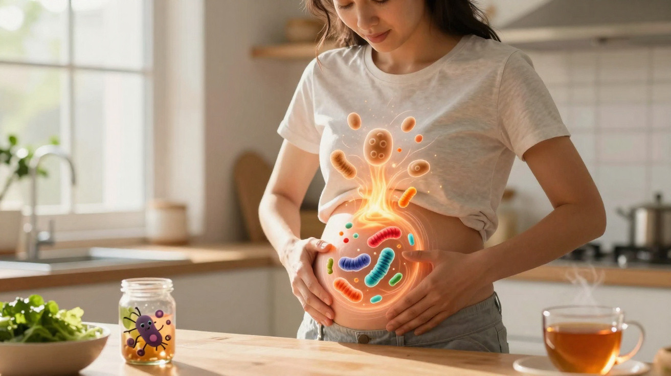 Frau hält sich den Bauch, animierte bunte Darmbakterien zeigen Verdauungssymbiose in der Küche.