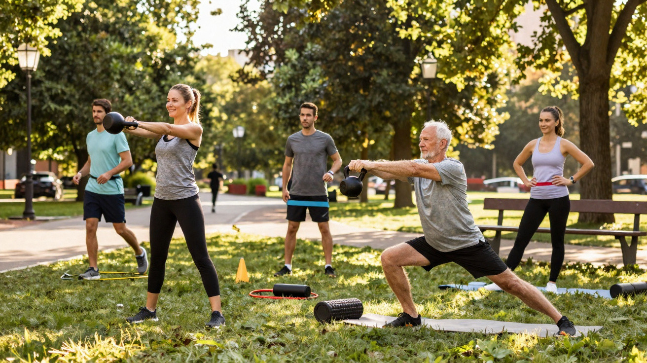 Menschen verschiedener Altersgruppen trainieren im Park mit Kettlebells und Fitnessgeräten bei Sonnenschein.