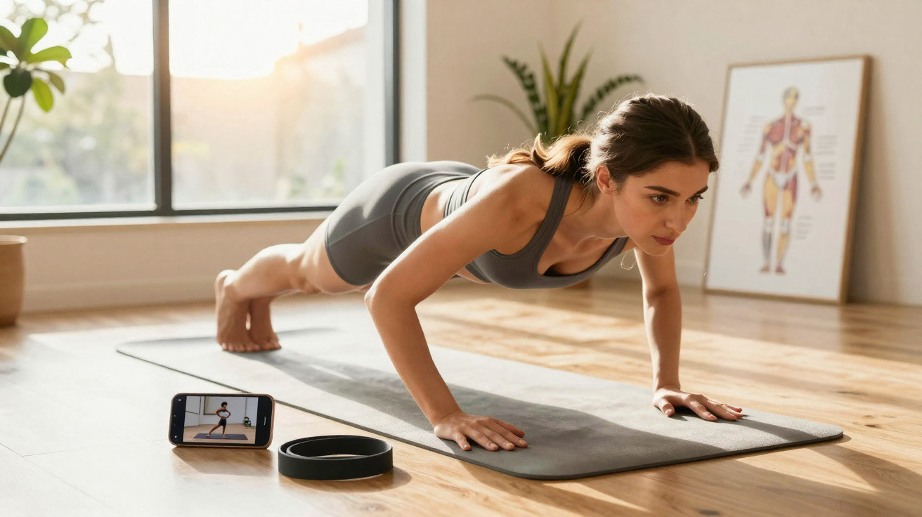 Frau macht Liegestütze auf Yogamatte im Wohnzimmer, Handy zeigt Fitnessvideo, anatomisches Plakat im Hintergrund.