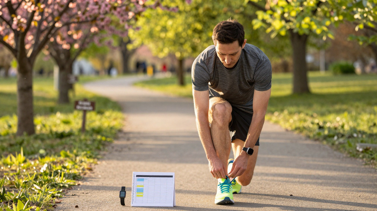 Mann bindet im Park beim Joggen seine Sportschuhe, neben ihm ein Notizbuch mit Trainingsplan.