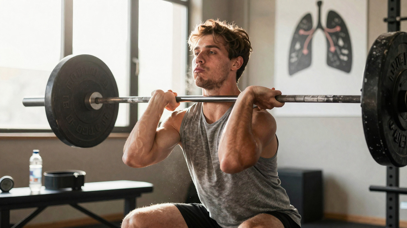 Junger Mann macht Kniebeuge mit Langhantel im Fitnessstudio vor Fenstern und Lungen-Poster.