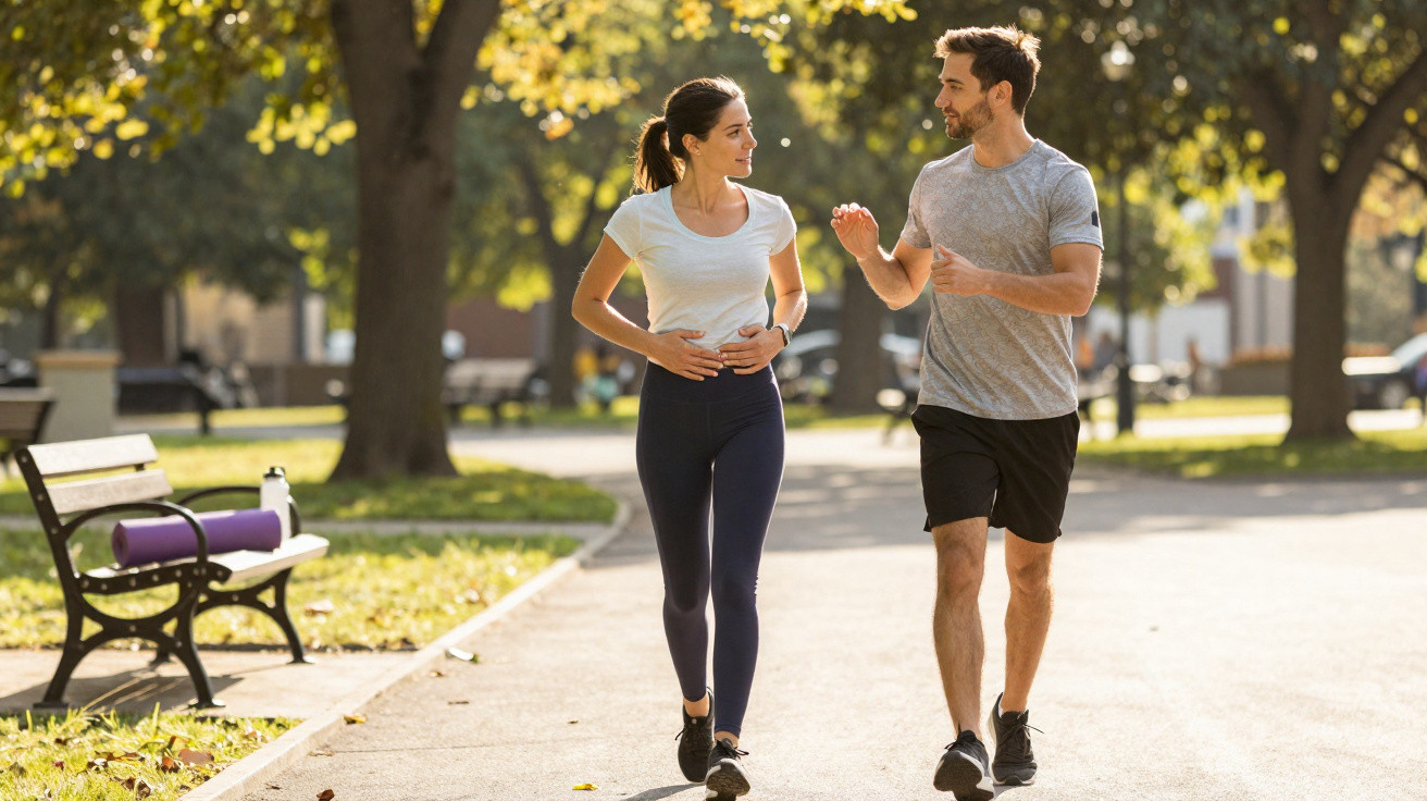 Junges Paar joggt im sonnigen Park auf einem Weg, umgeben von Bäumen und Bänken.